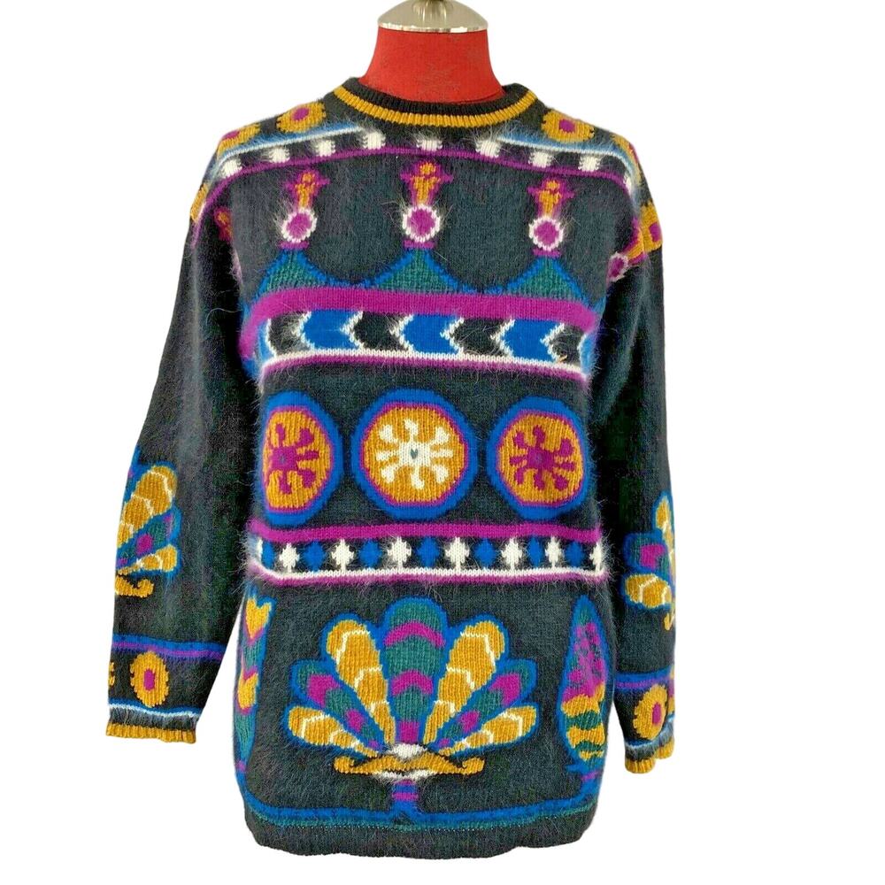 Vintage Rafaella Angora Blend Sweater Chunky Black & Multi Geometric Size S